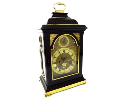 Good English ebonised original verge bracket clock, the movement with engraved back plate striking on a bell, the 7" brass ar