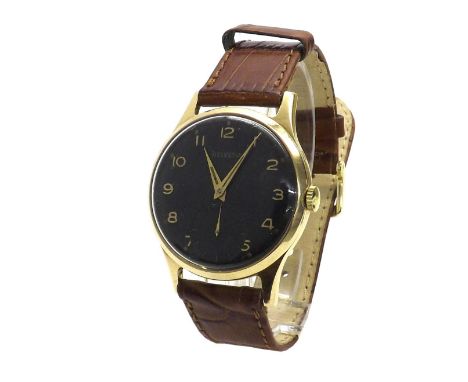 Helvetia 9ct gentleman's wristwatch, London 1961, the circular black dial with gilt Arabic numerals, subsidiary seconds and g