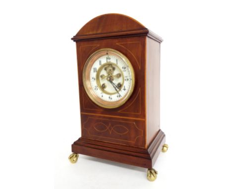 Mahogany inlaid two train mantel clock, the Mougin movement striking on a bell, the 3.75" dial with recessed visible escapeme