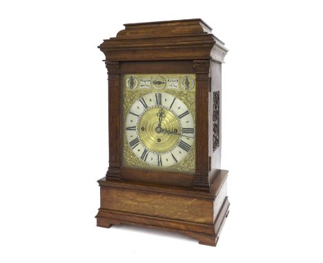 Large impressive English oak triple fusee mantel clock, the rectangular brass dial signed R.S. Lewton, Bristol and A.J. Smith