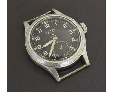 Buren Grand Prix British Military issue stainless steel gentleman's wristwatch, circa 1940s, the black dial with Arabic numer