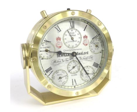 Contemporary Sewills Sea Lord ship's style marine chronometer, the 4.5" silvered dial within a polished brass casing and upon