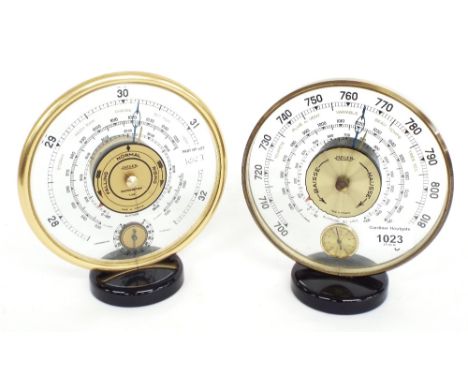 Two similar Jaeger mystery type barometers/thermometers, each with 6" Perspex circular dials above subsidiary thermometer dia