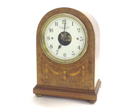 Electric mantel Bulle Clock, the 4.5" white dial with skeletonised centre, within a rounded arched case inlaid with boxwood l