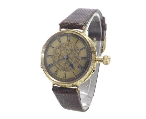 Peerless (IWC) 18k lever engraved wristwatch, the foliate engraved dial with Roman numerals, signed gilt frosted movement, no