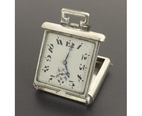 Swiss silver (935) travel watch, square silvered dial with stylised Arabic numerals and subsidiary seconds, lever movement in
