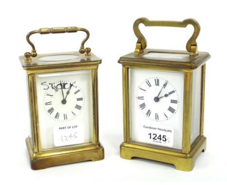 Two carriage clock timepieces, each in corniche brass case, 5.75" and 5.5" high (2)