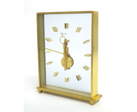 Jaeger LeCoultre contemporary polished brass and lucite acrylic mantel clock timepiece, the jewelled movement within a rectan