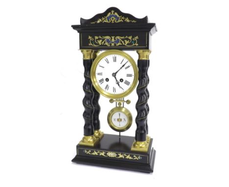 French ebonised and inlaid two train portico mantel clock, the movement inscribed Raison & Thomas..., with outside countwheel