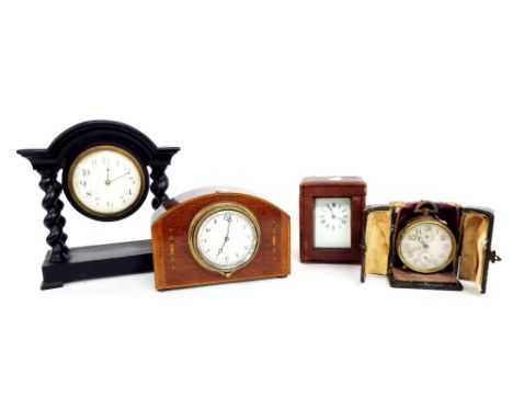 Small ebonised portico timepiece, the 3.5" convex white dial supported upon four barley twist columns and surmounted by a rou