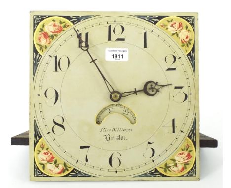 Thirty hour longcase clock movement, the 11" square painted dial signed Rice Williams, Bristol, with calendar aperture (weigh