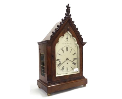 Mahogany Gothic style triple fusee bracket clock, the movement striking on a gong and playing on a nest of eight bells, the 8