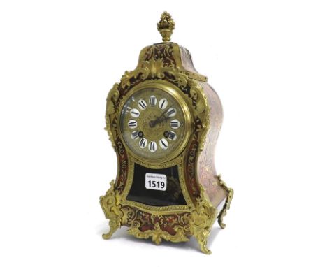 French boulle two train balloon mantel clock striking on a gong, the 3.75" engraved ormolu dial with Roman cartouche enamel n