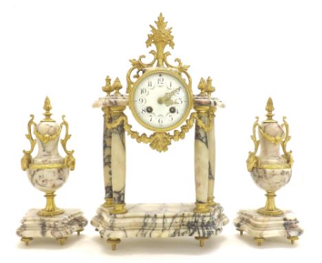 French white and dark veined marble two train drumhead mantel clock garniture, the S. Marti movement striking on a bell, the 