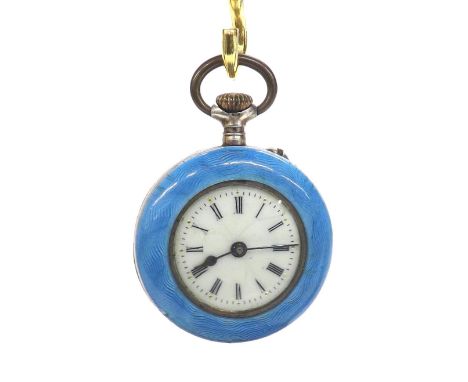 Attractive blue enamel cylinder fob watch, the dial with Roman numerals, gilt frosted movement, the case back decorated with 