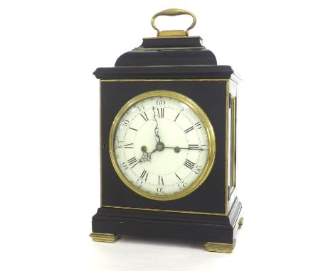 Good English ebonised double fusee verge bracket clock, with foliate engraved back plate and locking pendulum, the 7" white c