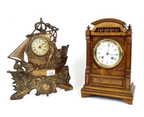 Walnut two train mantel clock striking on a bell, the 3.5" circular dial signed Boxell, Brighton within a stepped case surmou