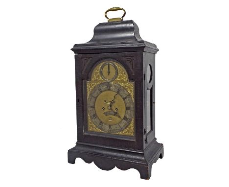 English ebonised double fusee bracket clock, the movement back plate with chinoiserie engraved decoration, the 8" brass arche