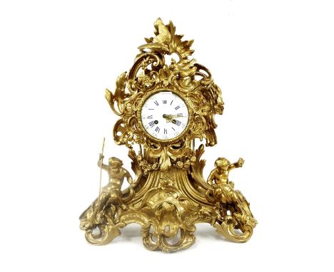 Large French rococo ormolu two train mantel clock, the Raingo Freres movement with outside countwheel striking on a bell, the