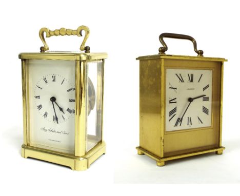 Jaeger LeCoultre striking carriage clock, the silvered dial within a gilt surround and polished brass case, 7" high; also a c