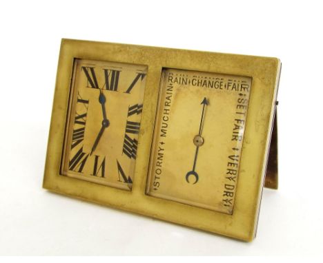 Small brass desk clock/barometer, the twin rectangular dials within an easel case, 4.75" wide