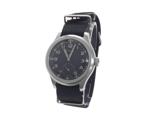 Cyma WWII British Military issue stainless steel wristwatch, the black dial with Arabic numerals, luminous markers and hands,