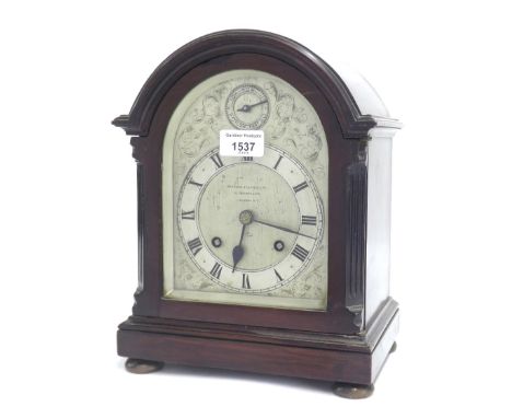 English mahogany two train bracket clock striking on a gong, the 5.5" foliate engraved silvered dial signed Barraud & Lunds L