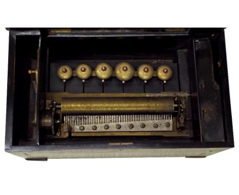 Large Swiss music box, the 13.25" cylinder playing twelve airs on six bells, with original tune sheet no. 13528, within a ros