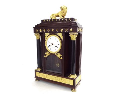 Good French Empire mahogany two train mantel clock, the movement with outside countwheel striking on a bell, the 4" convex wh