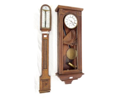 Oak Admiral Fitzroy Storm stick barometer in need of restoration; together with a single weight Vienna regulator wall clock a