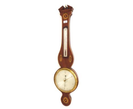 Mahogany inlaid banjo barometer/thermometer, the 8" silvered dial signed Aiano, Canterbury, within a shaped case inlaid with 