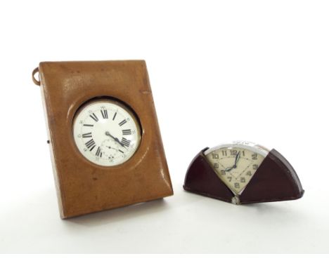Goliath pocket watch within a fitted tan leather easel case, 7" high; together with an Art Deco cased winding travel clock, 3