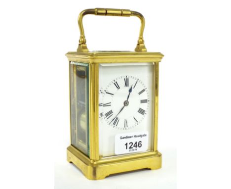 French Jacot carriage clock striking on a gong, within a corniche gilt brass case, 6.5" high