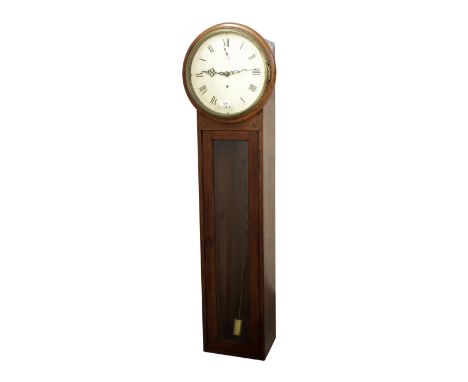 Mahogany wall trunk timepiece of long duration, the 11.5" white dial with subsidiary seconds dial, over a long glazed door, 5
