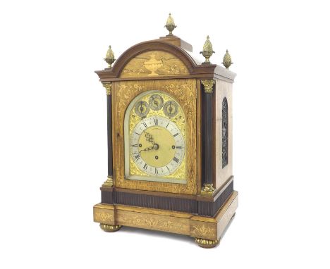 Good rosewood triple fusee boardroom clock, the 6.5" gilded brass arched dial signed Elkington & Company to the matted centre