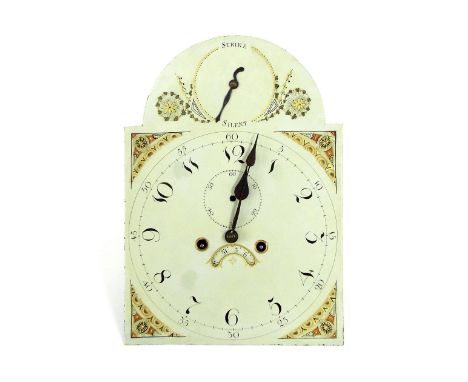 Eight day longcase clock movement, the 12" painted arched dial with subsidiary seconds dial and calendar aperture, also with 