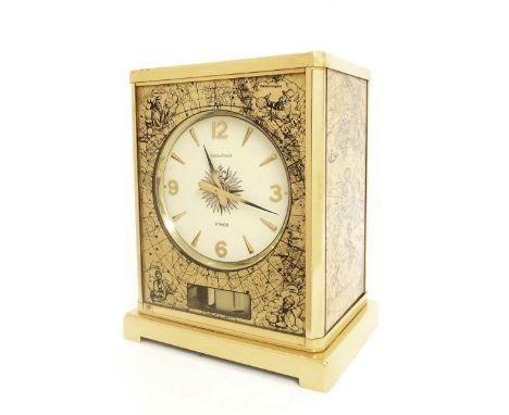 Rare Jaeger LeCoultre Atmos clock, no. 202652, the 4.25" cream dial within a panelled case decorated with celestial charts pr