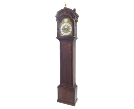 Mahogany eight day longcase clock with five pillar movement, the 12" brass arched dial signed Joseph Lum, London on a silvere