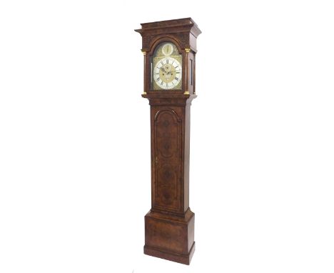 Good burr walnut eight day longcase clock, the 12" brass arched dial signed Benjamin Dutton, Poplar, London on a silvered arc