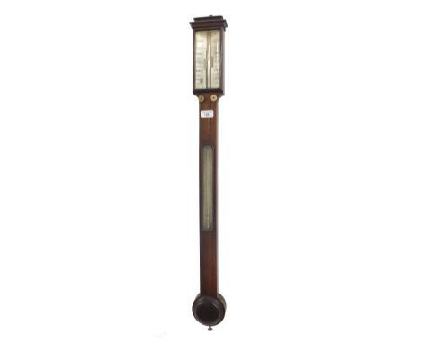 Rosewood stick barometer, the angled scale signed I. Deck, Cambridge, within a bevelled glazed case, over a flat trunk fitted