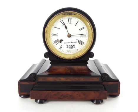 Ebonised faux marble two train drumhead mantel clock, the movement with outside countwheel striking on a bell, the 3.5" dial 