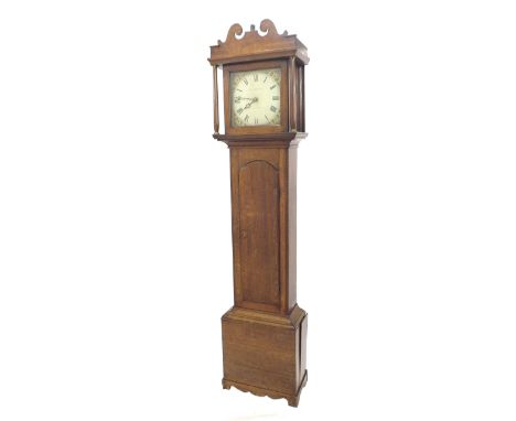 Oak thirty hour longcase clock, the 11" square painted dial signed Samuel Adcock, the case with long rounded arched door and 