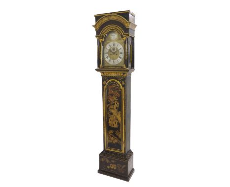 Dark green lacquered and chinoiserie decorated eight day longcase clock with five pillar movement, the 12" brass arched dial 