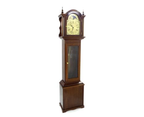 Contemporary mahogany Fenclocks three train longcase clock, the 11" brass arched dial signed Fenclocks, Suffolk to the centre