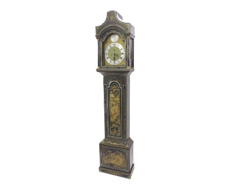 Black lacquer and chinoiserie decorated eight day longcase clock, the 12" brass arched dial signed Bennet Harvey, Weymouth on