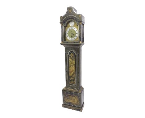 Black lacquer and chinoiserie decorated eight day longcase clock, the 12" brass arched dial signed Bennet Harvey, Weymouth on