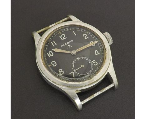 Record British Military issue stainless steel gentleman's wristwatch, circa 1940s, the black dial with Arabic numerals, lumin