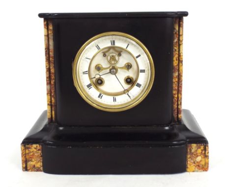 Small black slate and marble two train mantel clock, the Marti movement with outside countwheel striking on a bell, the 3.5" 