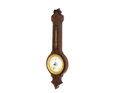 Small French rosewood multiple tube wheel barometer/thermometer, the 4.5" dial signed Bourgeois Opt Pass. St Roch 52, Paris, 