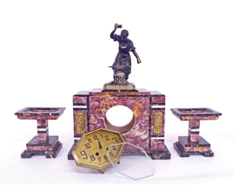 French red and black coloured marble two train mantel clock garniture, the Mougin movement with outside countwheel striking o
